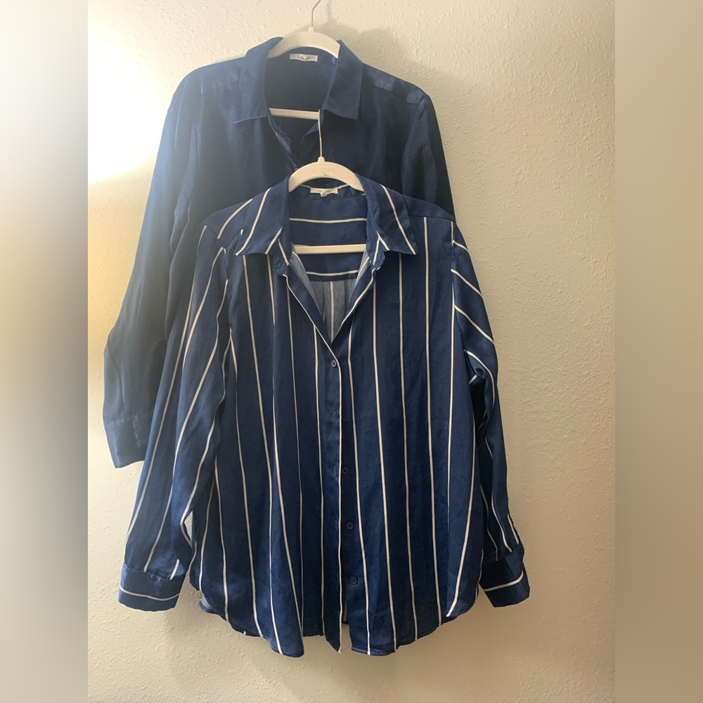 (2 Blouses) Blue/White Stripe Button-Down. Navy Blue Blouse, both OX